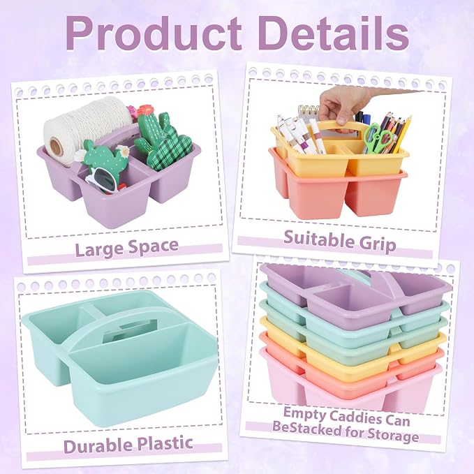 gisgfim 6 Pack Classroom Caddy with Handle Plastic Storage Caddy Organizer with 3 Compartments Desk Caddies Holder Portable Storage Bin for Pencil, Crayon, Marker, Home, Office, School Supply(Pastel) - Image 3