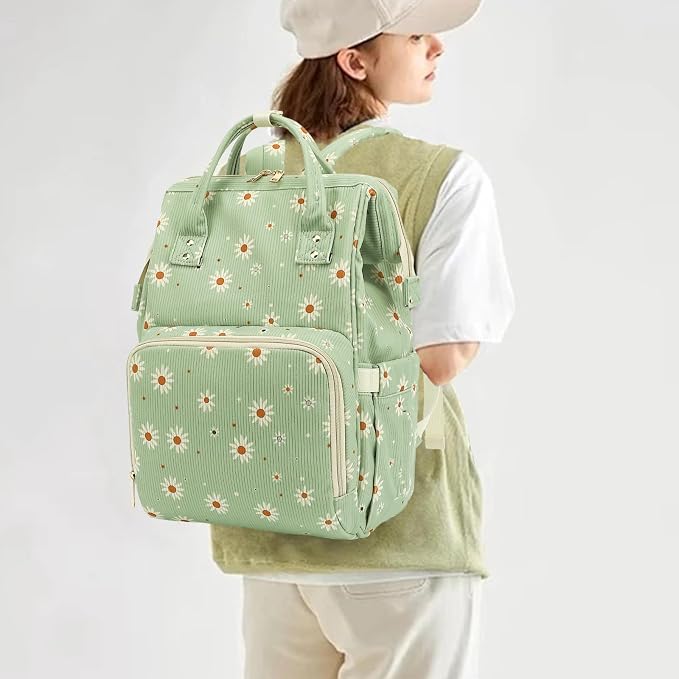 Corduroy Diaper Bag Backpack for Baby Girls Boys, Women Large Nappy Bags for Mom (Green Corduroy Daisy) - Image 2