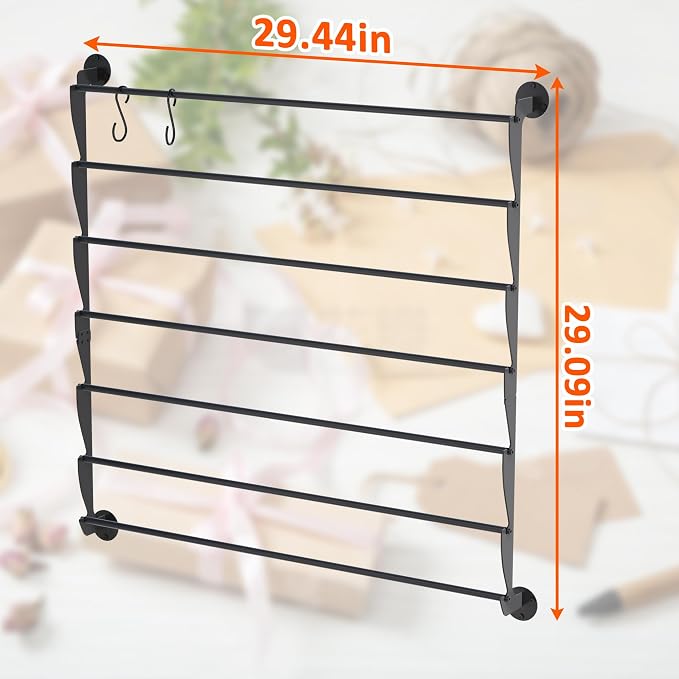 Ribbon Organizer, Wall Mounted Ribbon Holder Storage Rack with Activity Hooks, 7 Tier Metal Wrapping Paper Storage for Craft Room, Flower Shop, Cake Shop, Gift Wrapping Paper, Mesh Ribbon, Washi Tape - Image 6