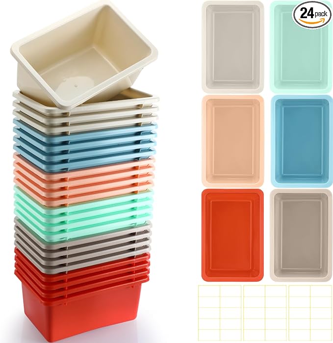 Thyle 24 Pieces Plastic Cubby Bins with Labels Classroom Book Bins Stackable Storage Container Durable Toy Storage Organizer Baskets for School Classroom Office (Classic,Retro Color) by Thyle