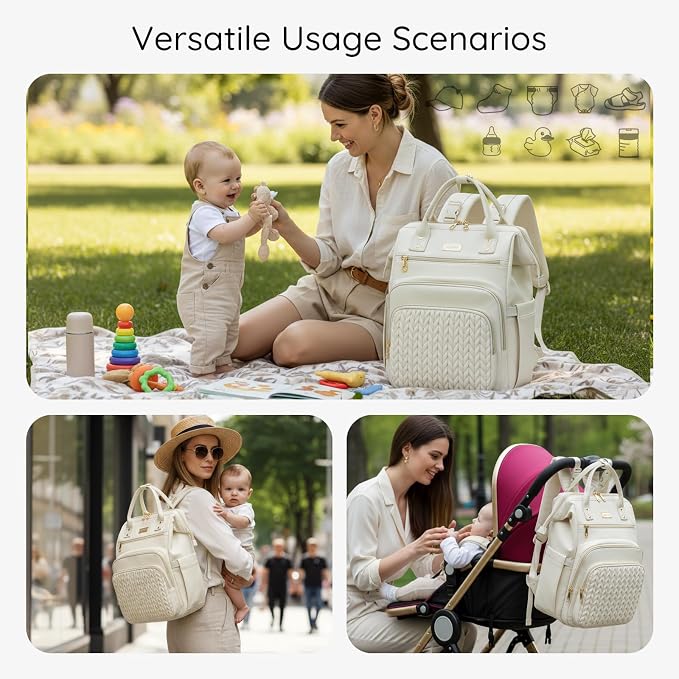 AIJIEKE Large Diaper Bag Backpack, Extra Wide Travel Diaper Bag, Beige | Multi-functional waterproof maternity bag. Changing pad, stroller straps, insulated wet/dry pocket. Mom, dad, toddler travel - Image 3