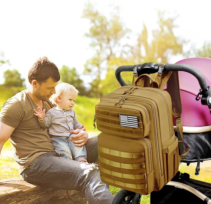 Large Dad Diaper Bag Backpack, Tactical Style, Brown | Stroller Clips, Luggage Sleeve for Travel, Insulated Pockets - Image 2