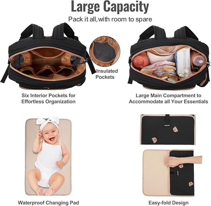 Diaper Bag Backpack with Changing Pad - Travel Baby Bag, Insulated Bottle Pockets, Stroller Straps (Medium - Black Bears) - Image 4