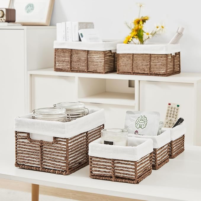 Wicker Storage Basket, 6 Pack Baskets for Organizing, Wicker Baskets with Handle, Rectangular Woven Basket for Storage Shelves, Cube Storage Bins for Closet/Clothes/Dresser, Brown - Image 4