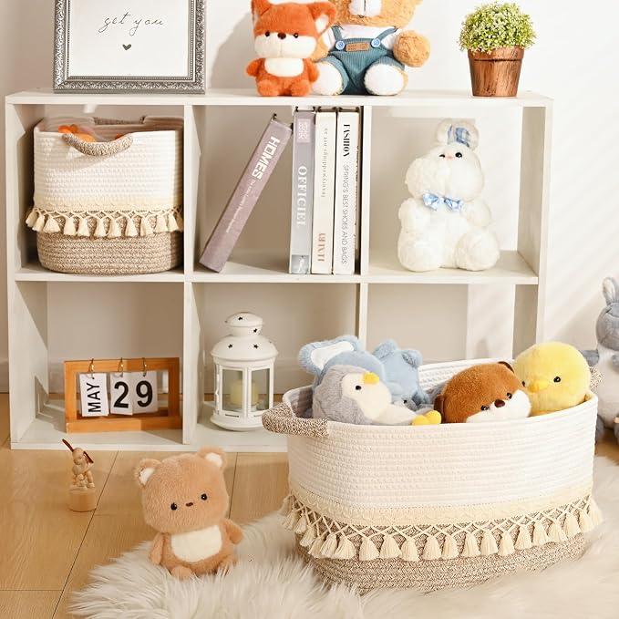 2 Pack Storage Basket for Shelves, Boho Cotton Rope Storage Bins with Heavy Tassel, Shelf Baskets Large Woven Baskets for Organizing, Cube Organizer Bins, Baby Laundry Basket for Clothes, Toys, Pets - Image 5