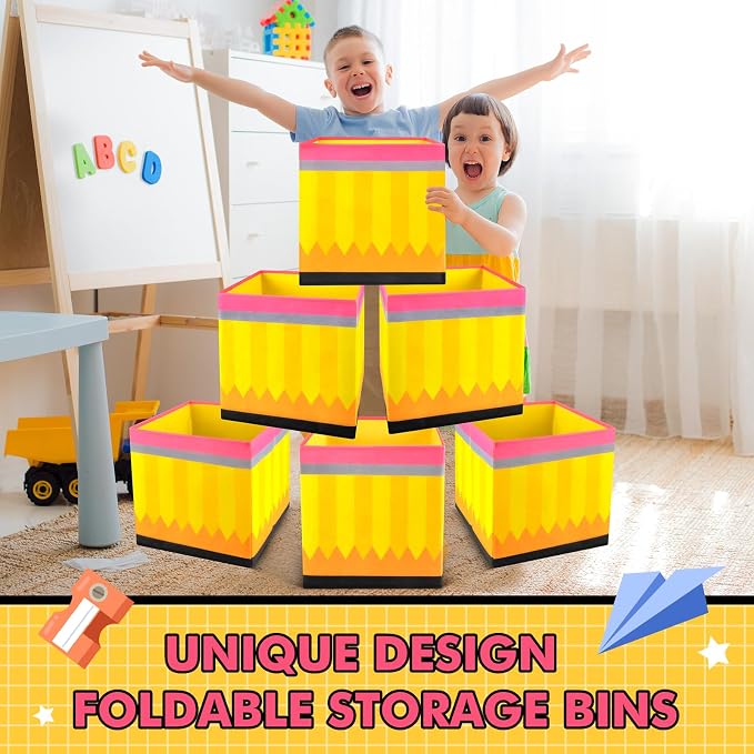 Demonwer 6 Pcs 11 Inch Fabric Storage Bins Pencil Themed Cubby Basket Bins with Handles Yellow Pencil Storage Containers for Back to School Decorations Office Home Organizer Supplies - Image 6