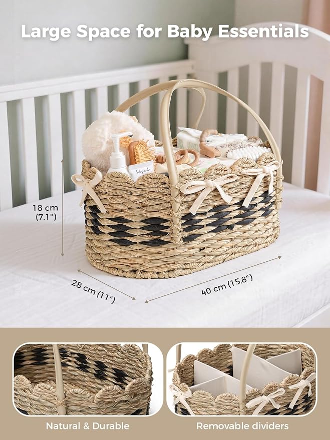 Large Diaper Caddy Organizer, Handwoven Natural Seagrass Basket with 5 Compartments, Scalloped Wicker Changing Table Organizer (Natural, XXL) - Image 3