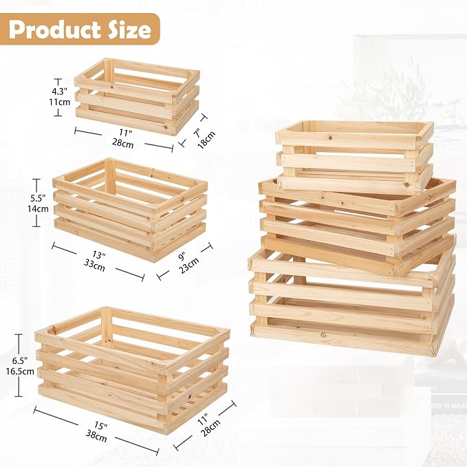Set of 3 Nesting Wooden Storage Crates - Large Rustic Wooden Storage Crates for Display Wood Container Boxes Wood Baskets for Farmhouse Flower Stand Display Rack for Shops or Exhibitions Home Decor - Image 4