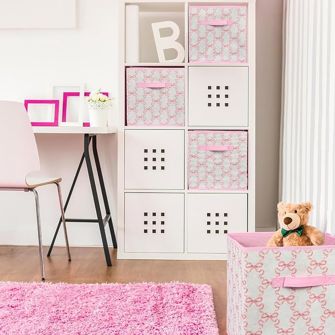 6 Pcs Pink Bow Cube Storage Bins 12.5 Inch Storage Basket with Handle, Cute Girls Organizer Basket, Collapsible Fabric Box for Classroom Bedrooms Office Home Decoration (Bow) - Image 6