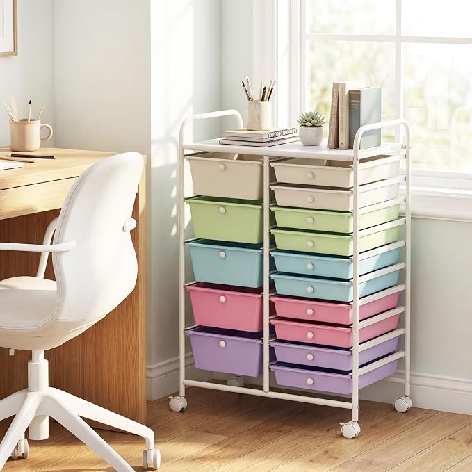 15 Drawer Rolling Storage Cart, Rolling Cart with Drawers for Classroom, Art Supply Craft Organizer on Wheel with Metal Frame & Handles for Home Office School (Ice cream color, 15 Drawer) - Image 3