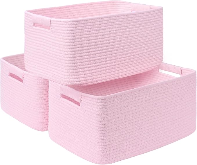 3 Pack Large Storage Basket for Organizing, 17.5"x13"x7" Woven Basket for Shelves, Closet Cube Storage Bins with Wrapped Handle, Cotton Rope Baskets for Kitchen, Clothes, Toys(Light Pink) by Degeyoyo