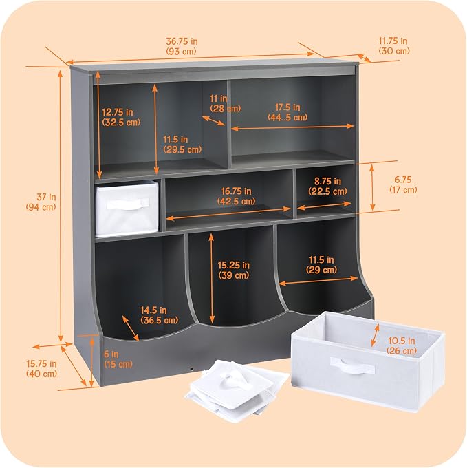Badger Basket Combo Bin Toy Storage Unit and Book Shelf for Kids with 3 Baskets - Charcoal | Kids storage organizer with 3 removable baskets, open shelves, and top display surface for toys and books - Image 4
