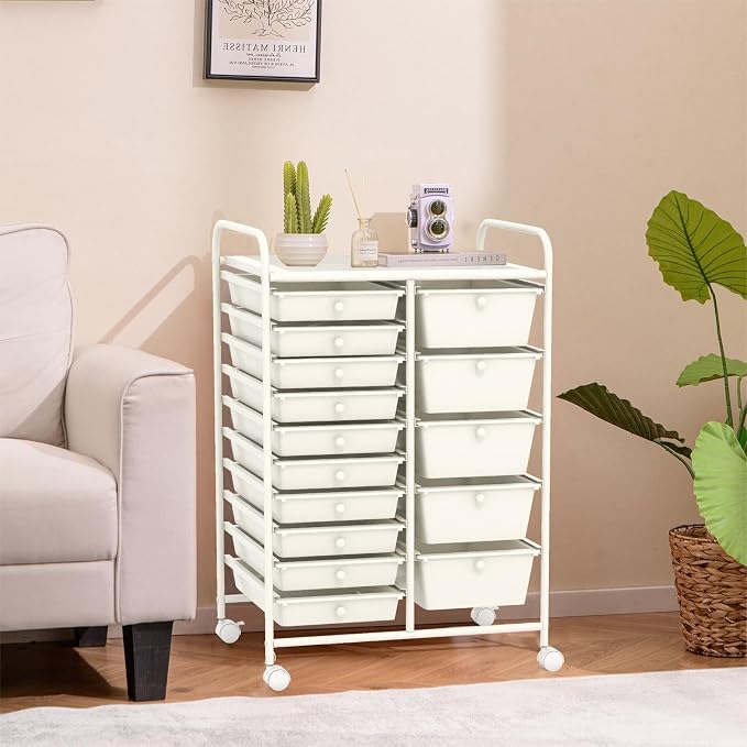 DREAMADE Rolling Cart with 15 Drawers, Rolling Drawer Organizer Cart w/Lockable Wheels, Removable & 2-Sized Storage Drawers, Art Cart for School Home Art Supplies Crafts File Scrapbook - Image 8