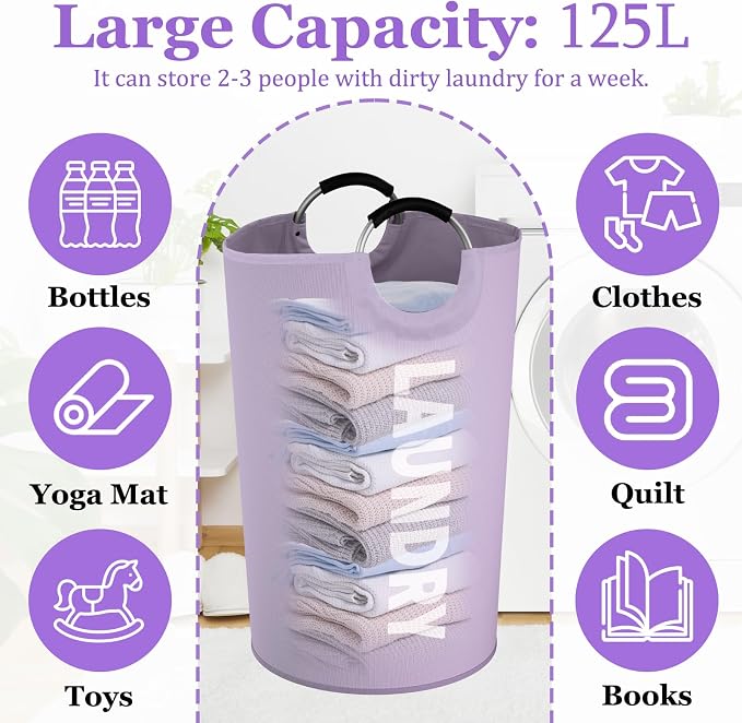 Super Large Laundry Basket with Handles, 125L Foldable Dirty Clothes Hamper for Adult, Stand-alone Laundry Hamper in 600D Oxford Fabric, Purple Storage Basket for Family, Guest House,Purple - Image 2