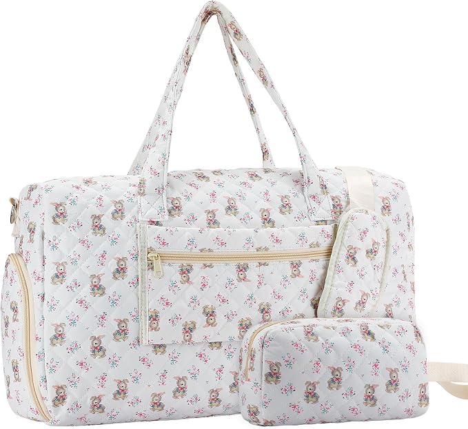 Bunny Quilted Duffle Bag with Shoe Compartment and Toiletry Pouch | Separate Shoe Pocket, Multi External Pockets, Detachable Shoulder Strap, Luggage Sleeve For Travel by Unknown