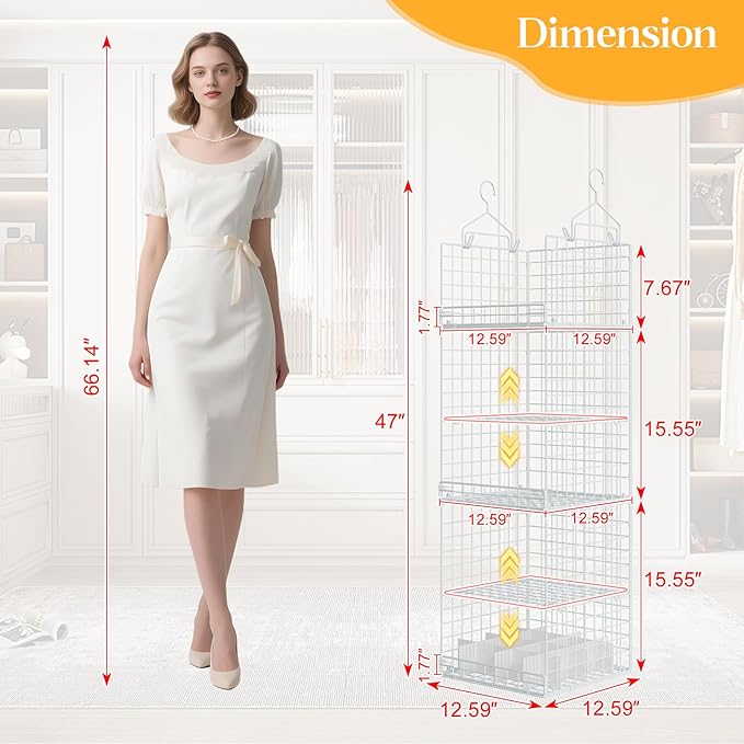 Yuyetuyo ﻿5 Tier Hanging Closet Organizer Separable Hanging Closet Shelves with 4 Hooks 2 Adjustable Dividers, Wire Storage Basket Bins for Clothing Sweaters Socks Dolls Handbags, Foldable - Image 3