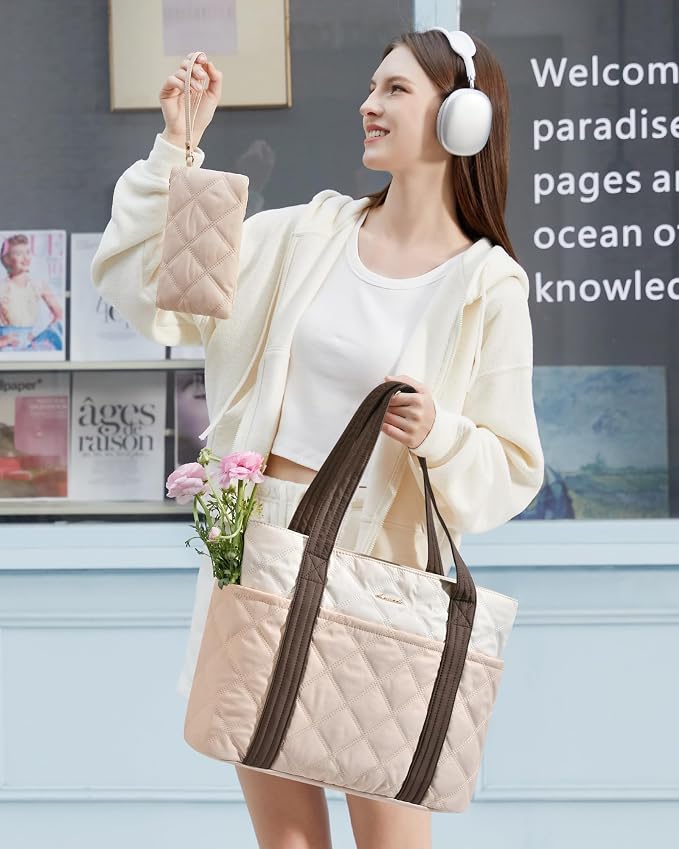 LOVEVOOK Puffer Tote Bag for Women, Puffy Work Handbag with Cup Holder, Travel Carry On Bag with Zipper for Teacher Nurse Gym - Image 3