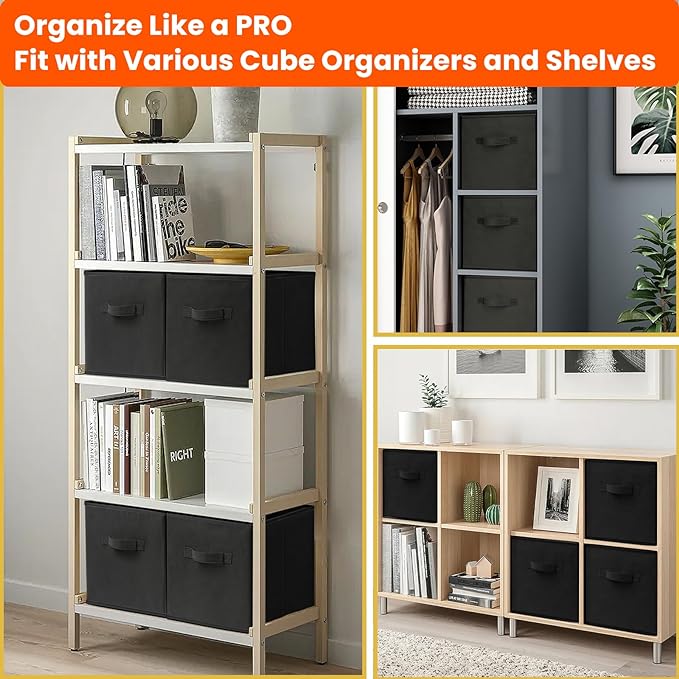 Storage Cubes, 11 Inch Clothes Storage Bins for Shelves Closet (10 Pack), Fabric Collapsible Storage Bins with Dual Handles, Cubby Storage Baskets for Magazines, Dorm Essentials (Black) - Image 3