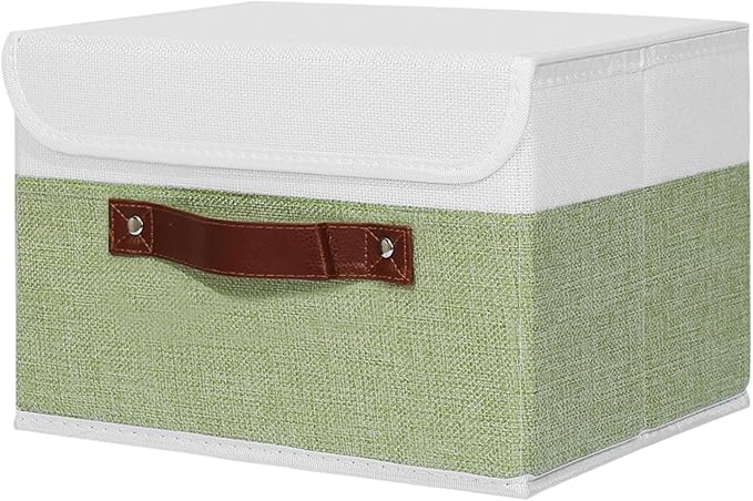 ANMINY Fabric Storage Box Bins with Lids, Green White, 13"x9"x7.9" | Keepsake Memory Storage, Cotton Linen, PP Board Reinforced, Washable, PU Handles, Foldable & Stackable, Decorative, Medium by ANMINY