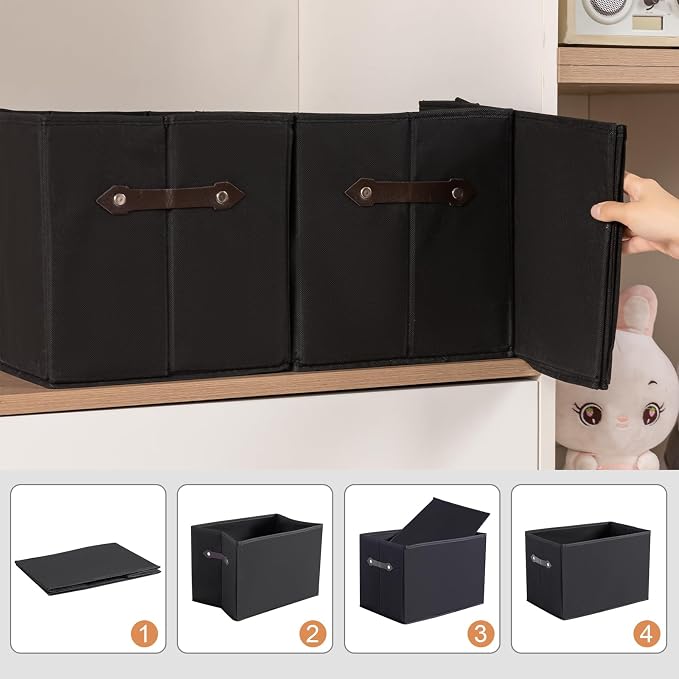 1 Pack Large Collapsible Storage Baskets for Shelves,14.9"x9.5" Fabric Closet storage Boxes with Leather Handles,Decorative Organizers Storage Bins for Clothes,Sheets,Toys,Books,(Black) - Image 6