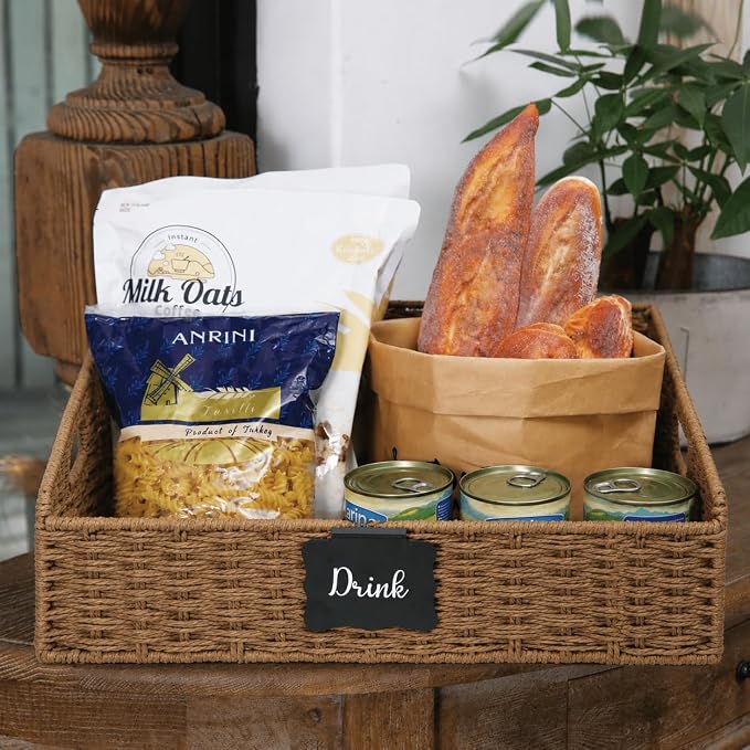 Wicker Baskets for Organizing, Pantry Baskets with Built-in Handles, Handwoven Large Storage Basket - Paper Storage Bins for Shelves, 3 Pack, Brown - 2 Set - Image 5