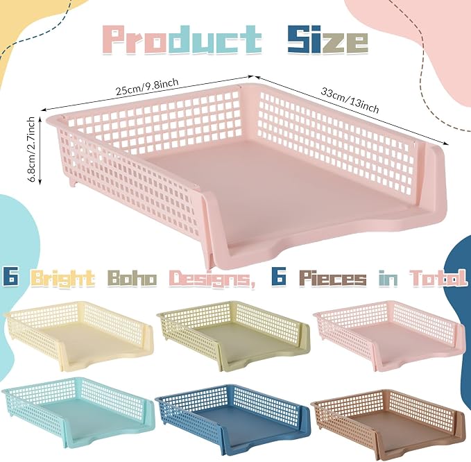 Set of 6 Boho Turn in Trays for Teachers Stackable Classroom Paper Letter Trays Plastic Classroom Desk Letter Organizer Tray Storage Baskets for Library, Drawers, Office, Home - Image 2