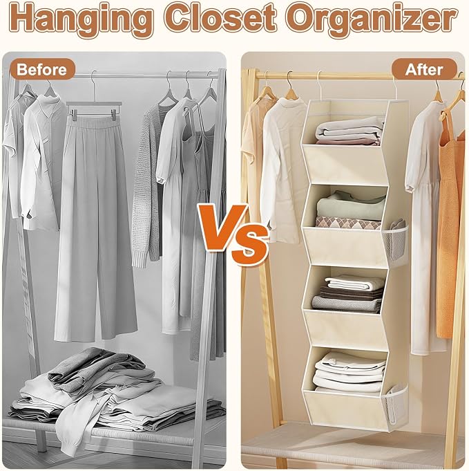 4 Shelf Hanging Closet Organizer Closet Storage for Wardrobe 2 Packs Beige | Hanging Storage Organizer for Closet Organizers and Storage, Hanging Clothes Organizer for Closet Organizer Closet Shelves - Image 6
