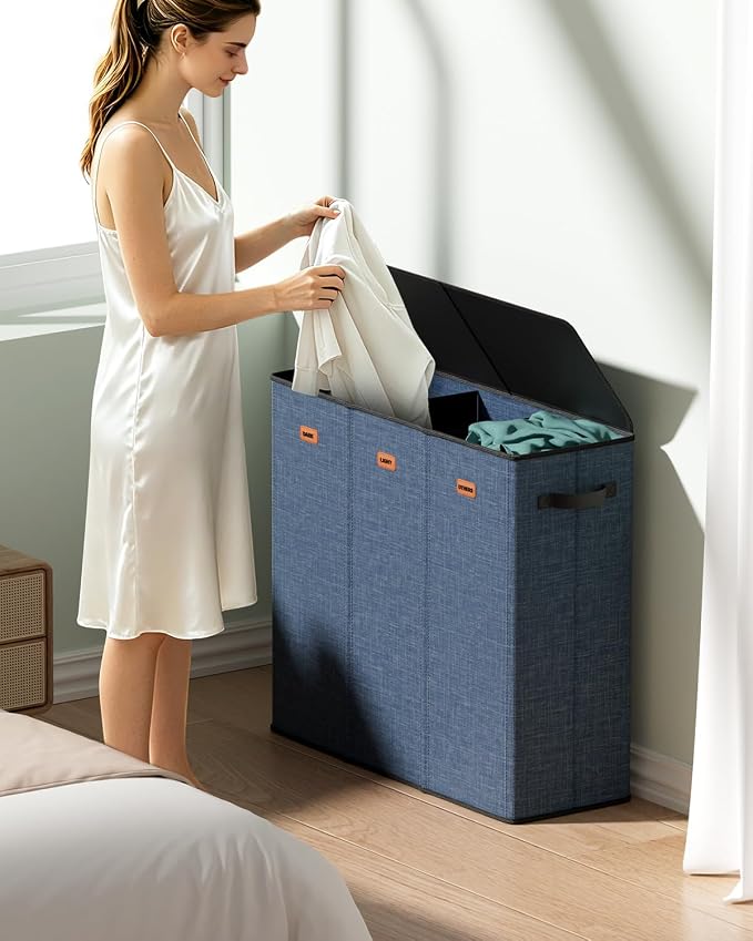 185L Laundry Hamper 3 Section with Lid & Removable Bags | Collapsible laundry basket organizer for laundry room, bedroom & dorm with 3 removable washing bags - Image 2