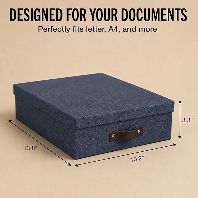 Bigso Oskar Canvas Fiberboard Document Letter Box - File Organizer Box for Important Paperwork - Document Storage with a Lid & Handle - 3.3 in x 10.2 in x 13.8 in - 3 Pack - Blue - Image 4
