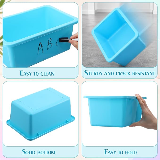 Thyle 12 Pieces Plastic Cubby Bins with Labels Classroom Book Bins Stackable Storage Container Durable Toy Storage Organizer Baskets for School Classroom Office (Classic,Light Color) - Image 3