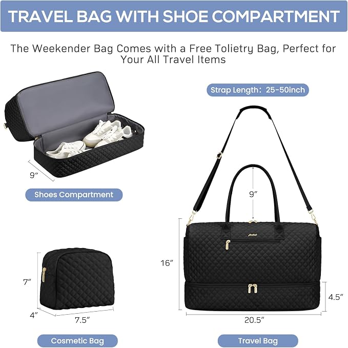 Travel Weekender Bags for Women - Duffle Bag Women with Shoe Compartment Carry On Overnight Bag with Toiletry Bag Duffel Bags with Wet Pocket for Gym Hospital Bags Black for College - Image 3