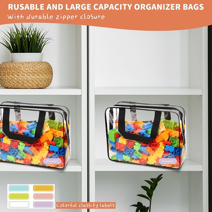 18 Packs Large Toy Storage Bags with Labels, Waterproof Clear Pvc Storage Bags for Toys, Travel Organizer Bags with Zipper Closure for Puzzles, Building Blocks, Kids' Books - Image 4