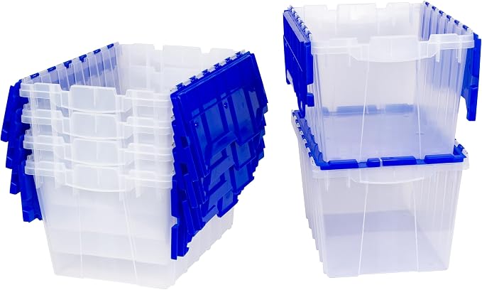 Akro-Mils KeepBox 12 Gallon Storage Container, Nesting and Stackable Plastic Storage Box with Lid Attached, Clear Tote for Garages, Closets, and Moving, 21-1/2" x 15" x 12-1/2", Clear/Blue, 6-Pack - Image 2