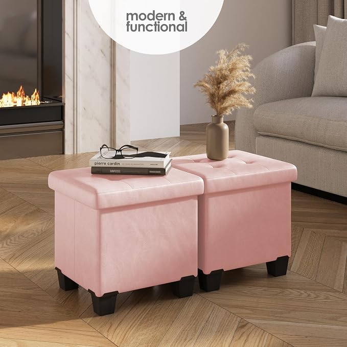 Storage Ottoman Cube with Small Bin, 15-in Square Ottoman with Storage for Living Room and Bedroom, Small Ottomans Foot Rest, Leather Foot Stools Ottomans Max 330lbs, Pink - Image 2