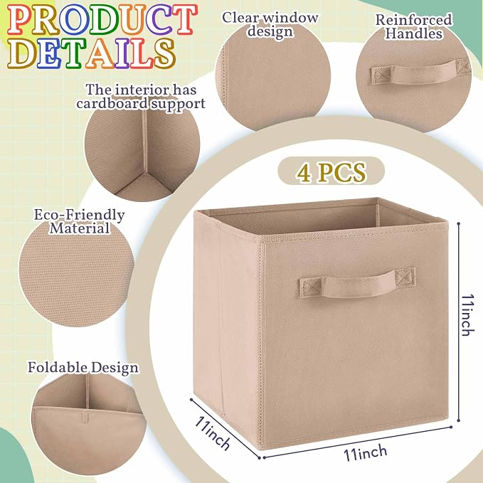Yinder 4 Pcs Cube Storage Bin Brown 10.5''x10.5''x11'' Storage Bins for Playroom Decor Colorful Bins for Kids Foldable Baskets for Nursery Organizer Boxes Fabric Boxes - Image 2
