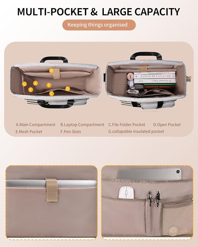 ESTARER Teacher Tote Bag Women 15.6 inch Laptop Bag for Work with Accordion File Organizer & Insulated Pocket, Professional Computer Messenger Shoulder Bag Briefcase for Office/College/Nursing (Grey) - Image 6