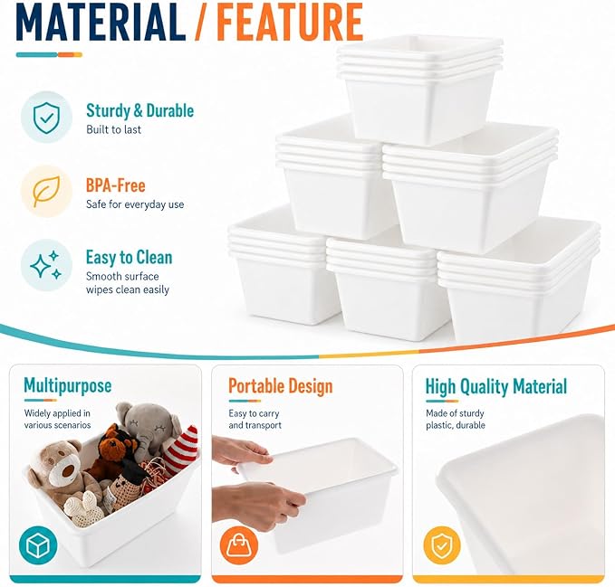 gisgfim 24 Pack Plastic Cubby Storage Bins Crew Toy Stackable Bin Classroom Plastic Cubby Bins Stackable Storage Containers Classroom Book Bin for Student Teacher School Office Home(White) - Image 3