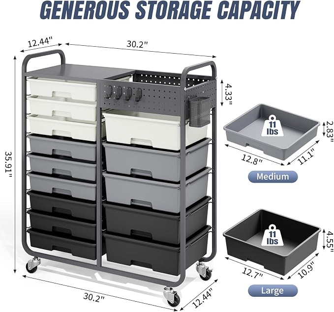 14 Drawer Rolling Storage Cart with Tabletop and Pegboard for Crafts Grey | Easy Setup, Large Capacity, Sturdy Build, Smooth Mobility, For classroom, office and dorm supplies - Image 3