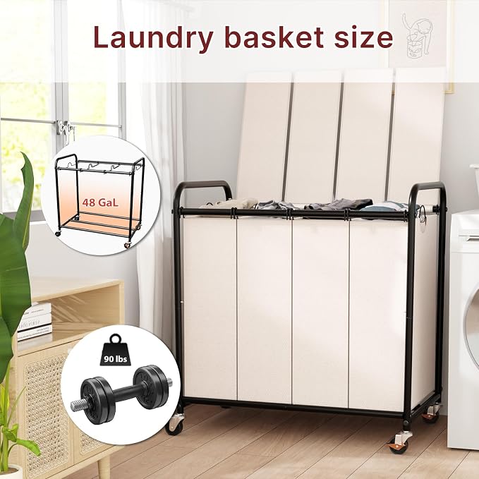 180L Laundry Sorter 4 Section with Lockable Wheels and Lid White | 4 Large Separate Removable Bags | Heavy Duty Rolling Laundry Basket | Laundry Hamper Cart for Laundry Room Organizer - Image 3