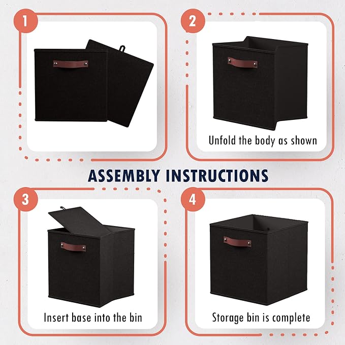 Ornavo Home 13x15x13 Foldable Fabric Storage Cube Bins, 6 Pack, Black | Collapsible Linen Shelf Basket Organizer; Leather Handles; Fits Cube Storage Shelving Units - Image 7