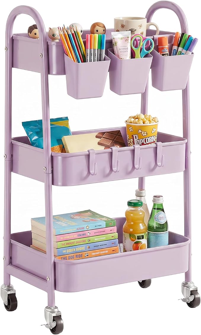 danpinera 3-Tier Rolling Cart, Utility Cart Mobile Metal Rolling Storage Cart with Lockable Wheels & Hanging Cups & Hooks for Kitchen, Bathroom, Office, Workshop, Purple by danpinera