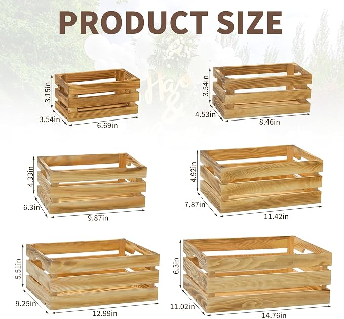 6 Pcs Wooden Crates for Display, Nesting Wood Crate for Storage, 6 Size | Farmhouse Weddings Wooden Basket for Storage Container and Decorations, Rustic Wood Crates for Farmers Market, Birthday, DIY - Image 2
