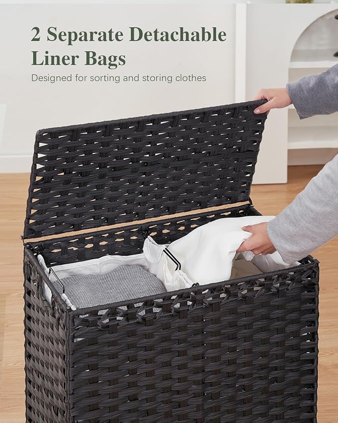 SETVSON Laundry Hamper with Lid, 112 L PE Rattan Woven Bin, Black | Decorative Furniture Look for Bedroom & Bathroom, 2-Section Sorting Hamper with Lid, 2 Liners, 6 Bags, Metal Feet - Image 4