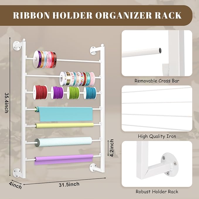 Yonynise Ribbon Storage Organizer,31.5-inch Width Wall Mounted Ribbon Holder Rack,7 Tier Large Capacity Metal Ribbon Storage for Craft Room,Flower Shop,Cake Shop,Gift Wrapping Paper,White - Image 2