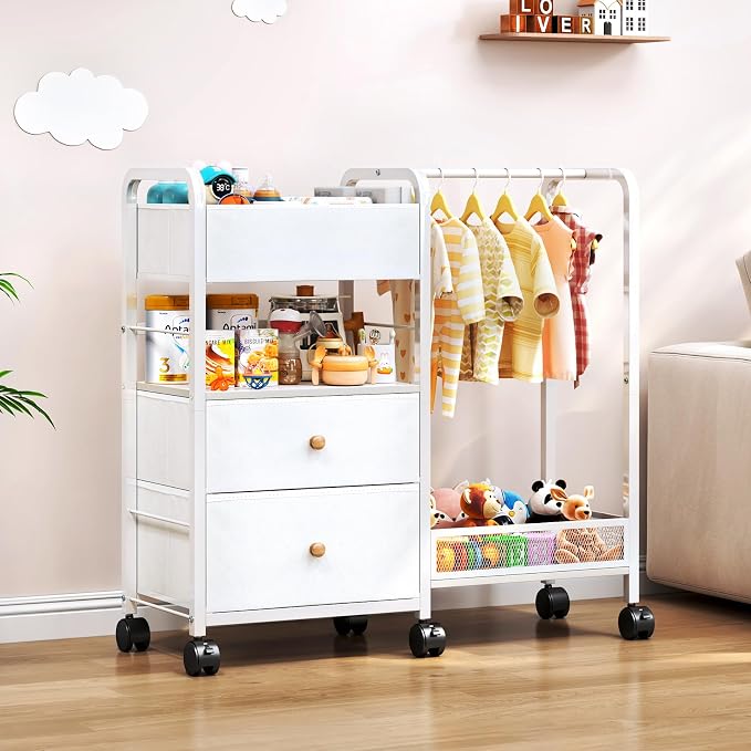 Baby Diaper Caddy Organizer with Hanging Rack, Rolling Diaper Utility Cart with Dividers and Drawers for Baby Essentials Storage, Bedside Cart with Wheels for Changing Station, Crib, Nursery, Bedroom - Image 9
