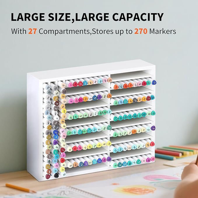 AUTOARK Wooden Marker Storage Organizer,White,AHK-066 | Holds 270 Markers,Pens,Pencils & Art Supplies,Vertical Space-Saving Desk Storage - Image 3