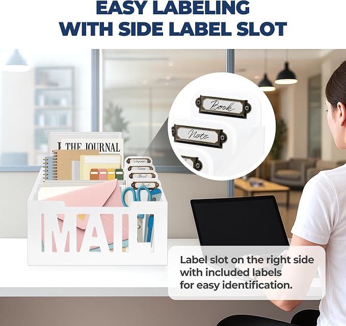 Mail Organizer Countertop, Desktop Mail Sorter with 4 Slots & Labels, White | Bills, Letters, Envelopes & Receipts - Image 6