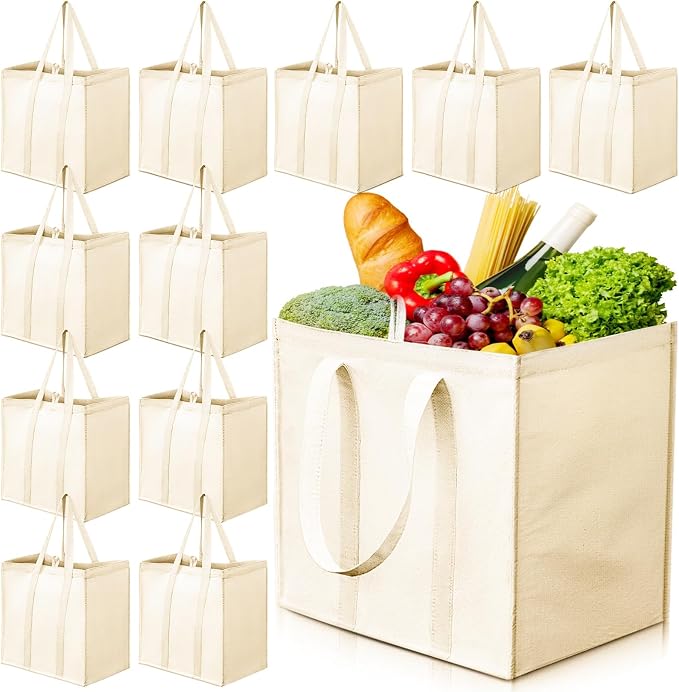 Amylove 12 Pack Canvas Grocery Bag,Heavy Duty Reusable Tote Bag | Reinforced Canvas, Large Capacity, Washable & Foldable, Strong Handles, for Grocery Shopping, Storage, Laundry & Travel by Amylove