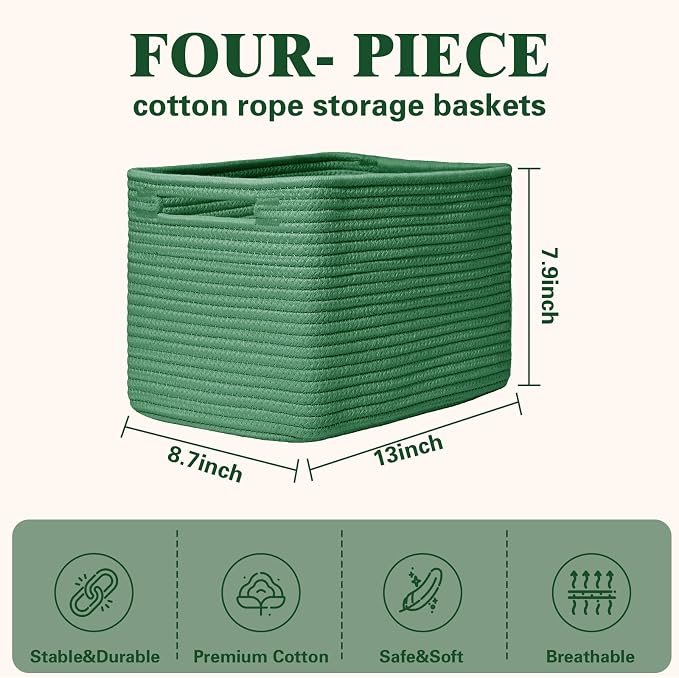 Storage Baskets for Organizing, 4 Pack Baskets for Shelves, Decorative Storage Bins for Shelves, Cotton Rope Storage Basket with Handles, Woven Basket for Storage, 13''Lx8.7''Wx7.9''H, Green - Image 3
