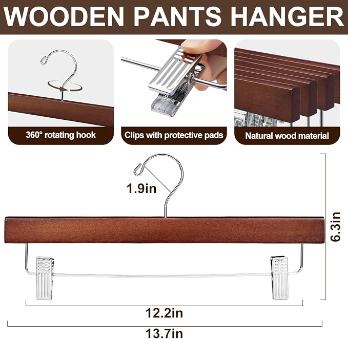 BAGAIL 20 Pack Wooden Pants Hangers with Adjustable Clips, 360°Swivel Hook Space Saving Skirt Holders with Anti-Rust Clips for Trousers, Jeans, Shorts(Walnut) - Image 2